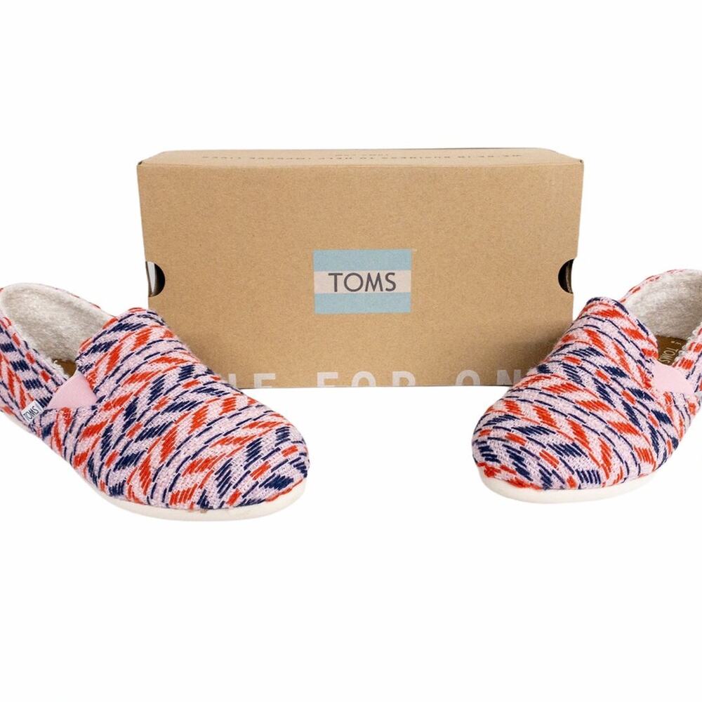 TOMS Redondo Flats Women's 8 Pink Red Blue Chevron Woven Faux Shearling New